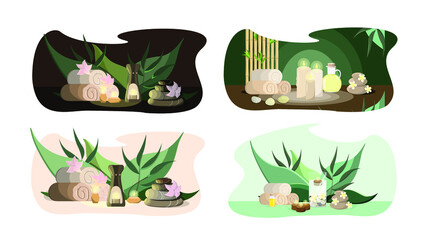 Set with spa illustrations. Candles, towels, aroma lamp, massage stones, exotic flowers. Background of green leaves and bamboo. Eco-friendly design, relaxation.
