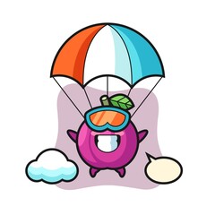 plum fruit mascot cartoon is skydiving with happy gesture