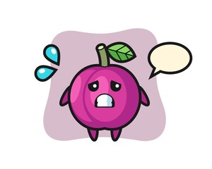 plum fruit mascot character with afraid gesture