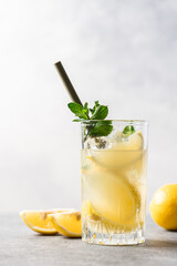Fototapeta premium Citrus lemonade with mint and ice in glass with bamboo tube. Refreshing summer drink. White background, side view, close-up view