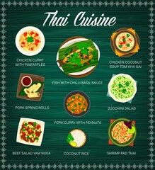 Thai cuisine menu, Thailand food and Asian dishes, vector traditional meals. Thai restaurant menu cover with dinner and lunch dishes on table, chicken curry, coconut soup and pork spring rolls