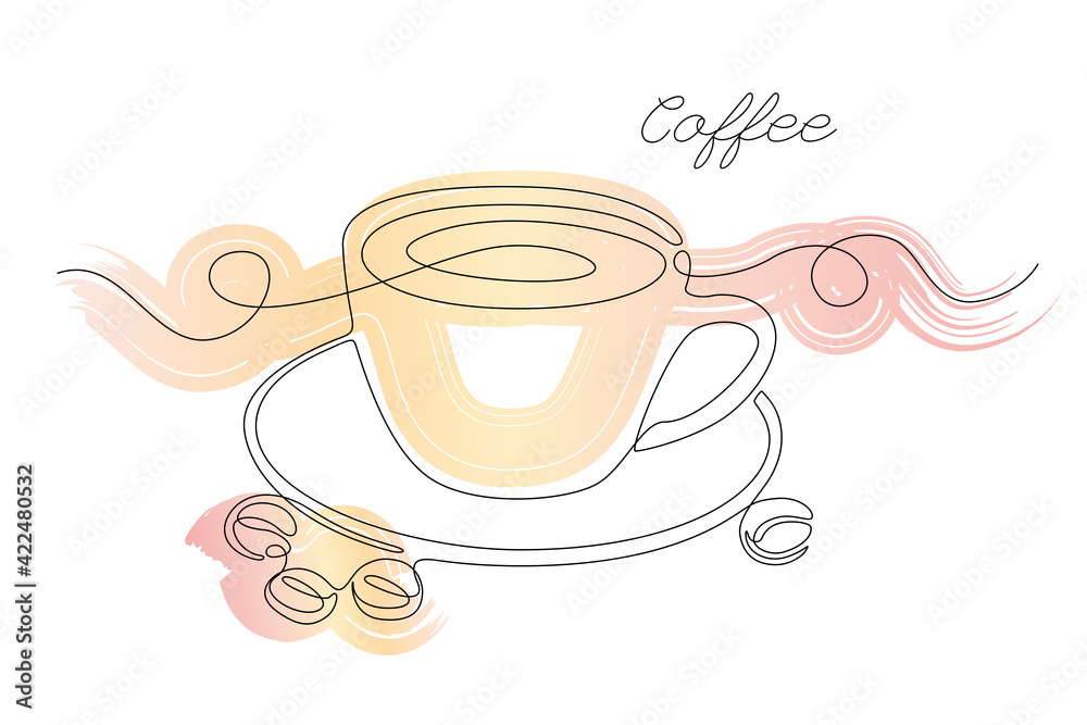 Poster continuous one line drawing of cup coffee with coffee bean. simple modern line art with abstract pas