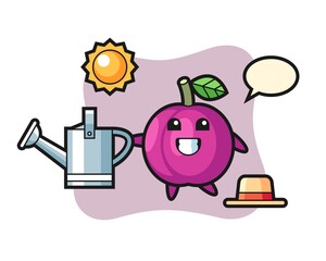 Cartoon character of plum fruit holding watering can