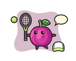 Cartoon character of plum fruit as a tennis player