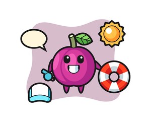 Cartoon mascot of plum fruit as a beach guard