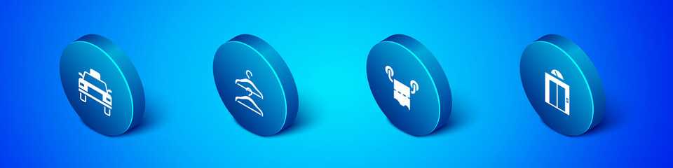 Set Isometric Taxi car, Toilet paper roll, Lift and Hanger wardrobe icon. Vector