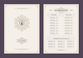 Menu design template with cover and restaurant vintage logo vector brochure. - obrazy, fototapety, plakaty