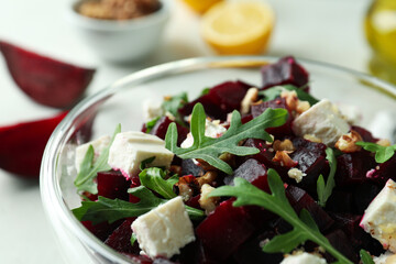 Concept of tasty eating with beet salad, close up