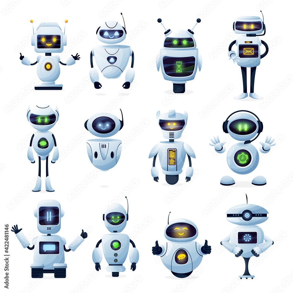 Fototapete robots and chatbots, ai bots characters, vector cartoon vector future mascots. android robots, chatb