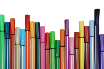 Felt tip pens isolated on white. Stationery background with copy space. Goods for school.