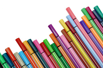 Felt tip pens isolated on white. Stationery background with copy space. Goods for school.