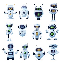 Robots and chatbots, AI bots characters, vector cartoon vector future mascots. Android robots, chatbots and digital cyborgs, futuristic technology service and communication artificial intelligence - obrazy, fototapety, plakaty