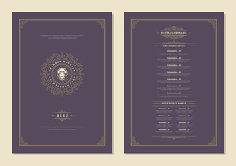 Menu design template with cover and restaurant vintage logo vector brochure.