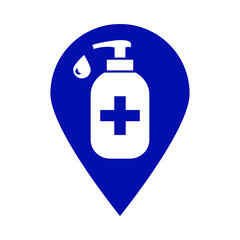 Map pointer with hand sanitizer icon. Vector icon isolated on white background.