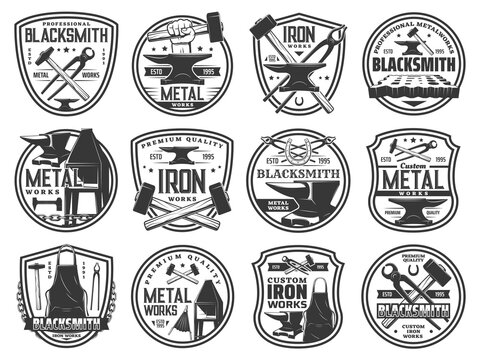 Blacksmith forge works on steel and metal, vector icons of smith hammer and anvil. Blacksmith foundry badges of metal iron, welding craftsman workshop service emblems of apron, horseshoe and furnace