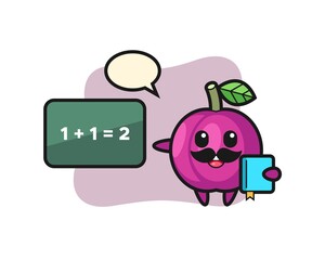 Illustration of plum fruit character as a teacher
