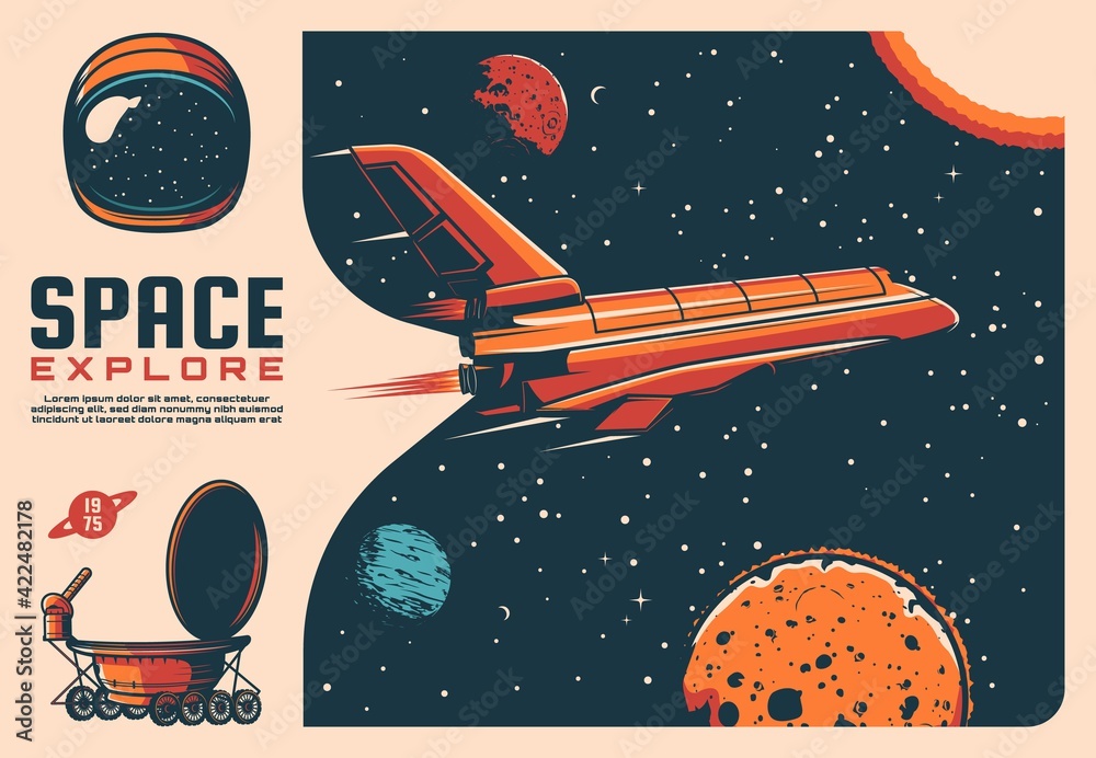Poster space exploration spaceship and planets vector retro poster of space travel. shuttle, astronaut spac