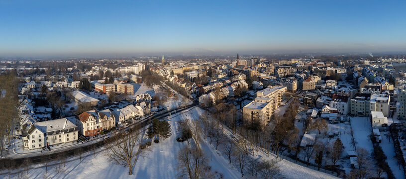 Bochum Wattenscheid town center, aerial snowy winter panorama cityscape