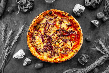 Fresh baked onion neopolitan pizza on the decorated grey background