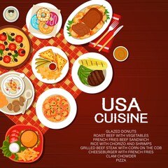 American cuisine, USA food menu cover, vector dishes and meals. American restaurant and cafe traditional, lunch dinner and breakfast food menu poster with sandwich, cheeseburger, fries and pizza