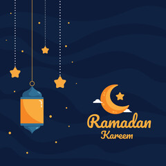 Ramadan Kareem greeting card template. Illustration vector graphic. Design concept  lantern with crescent moon and stars in flat design cartoon style, Perfect for banner, Postcard social media