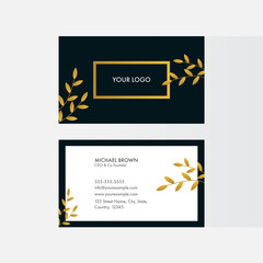 Black And White Business Card Template Design With Yellow Leaves.