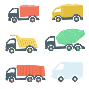 large set of trucks flat simple cartoon style hand drawing. vector illustration