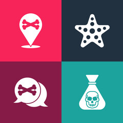 Set pop art Pirate coin, Location pirate, Starfish and icon. Vector