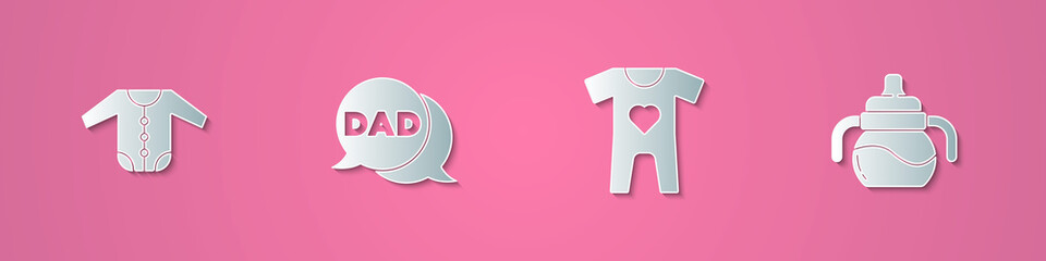 Set paper cut Baby clothes, Speech bubble dad, and bottle icon. Paper art style. Vector