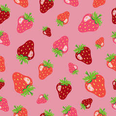 Strawberry Pattern Seamless. Juicy Bright Red And Pink Strawberries. Background For Wrapping Paper Or Fabric.