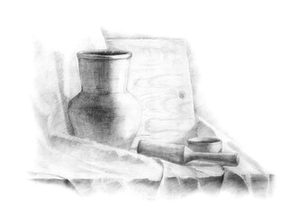 Rustic still life with pot, cup, potato masher, cutting board, curtain. Isometry. Academic drawing. An old drawing.