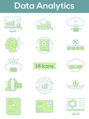Data Analytics Icon Set In Green And White Color.