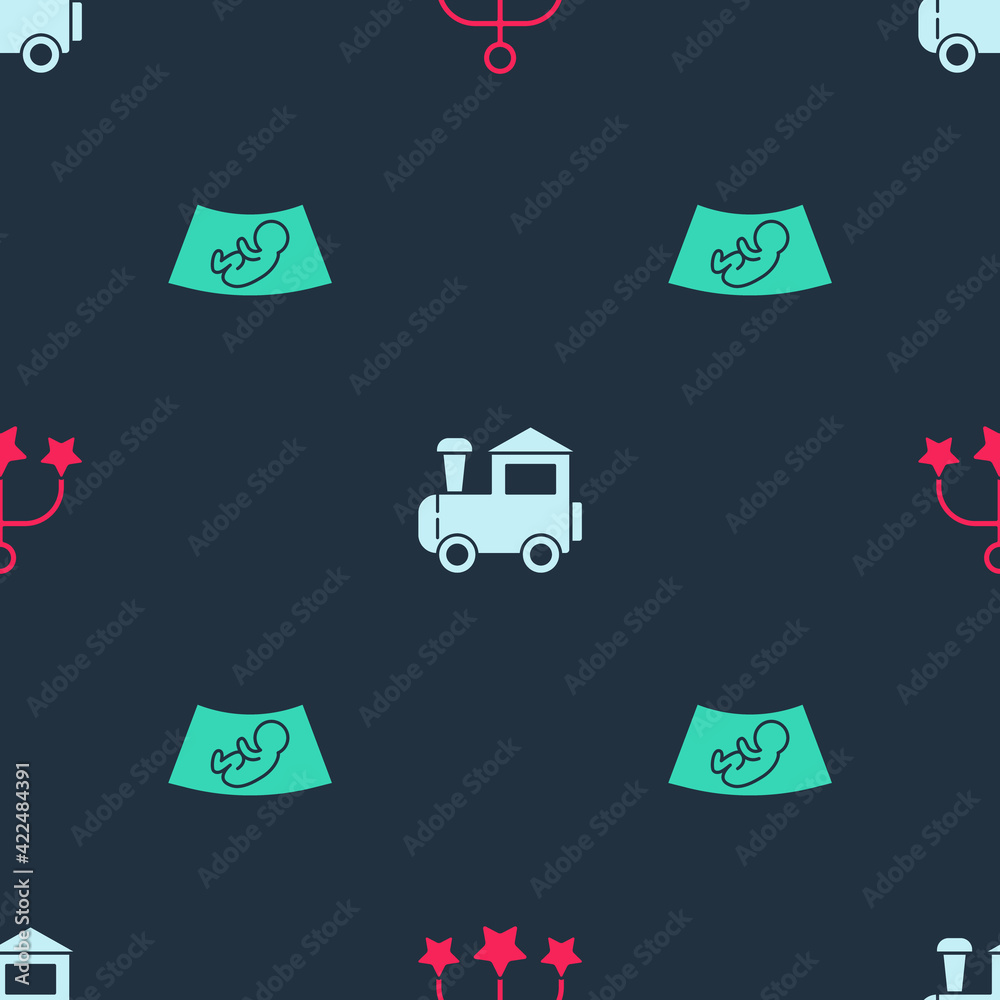 Sticker Set Baby crib hanging toys, Toy train and Ultrasound of baby on seamless pattern. Vector