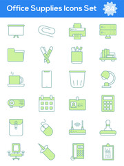 Green And White Color Set of Office Supplies Icon In Flat Style.
