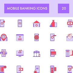Purple And Pink Color Set of Mobile Banking Icon In Flat Style.