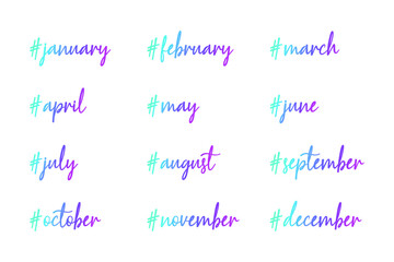 Set of months with the hashtag. Vector illustration on white background