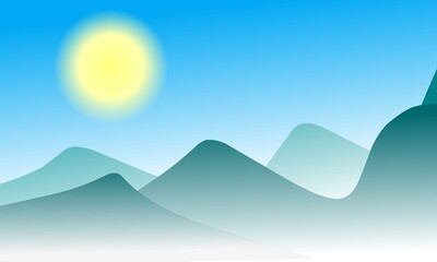 mountain landscape illustration with blue sky and sunlight