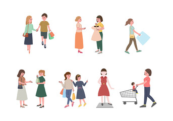 ショッピングをしている人々のイラストセット