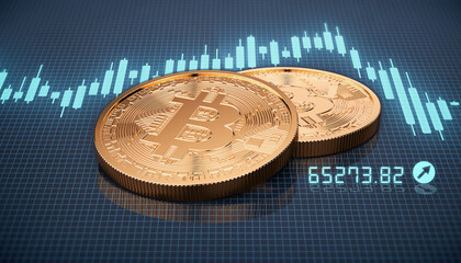 3d render of two golden bitcoin on trading chart background