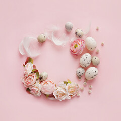 Obraz na płótnie Canvas colorful easter eggs and spring flowers. horizontal spring background
