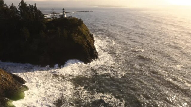 Cape Disappointment Lighthouse Aerial View in Golden Hour Sunlight