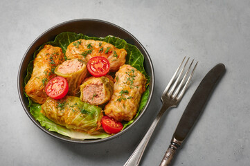 Golubtsi or golabki on black bowl on concrete table top. Stuffed cabbage rolls dish of russian, polish, ukrainian cuisine. European food. Copy space