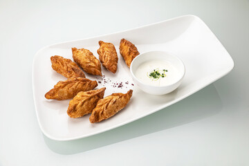 grilled dumplings on a white plate
