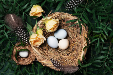 Fototapeta premium Easter eggs in the nest decorated with green branches and roses