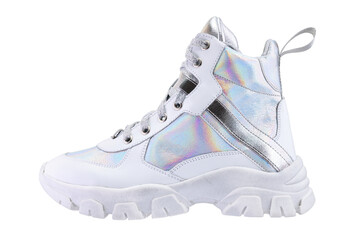 White women's stylish sports shoes with silver inserts isolated on a white background.