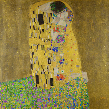 Gustav Klimt  (1862–1918) The Kiss, 1908, oil and gold on canvas. Autrian Gallery Belvedere, Vienna, Austria.
