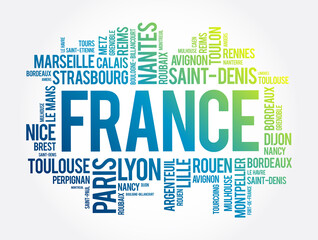 List of cities and towns in France, word cloud collage, travel concept background