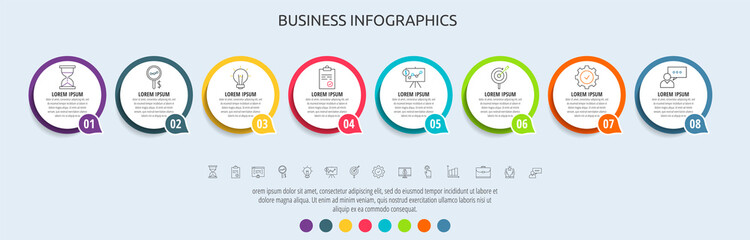 Fototapeta premium Circles vector line infographic with 8 step, icons. Timeline used for chart, web, banner, workflow layout, presentations, flowchart, info graph, content, levels, chart, processes diagram