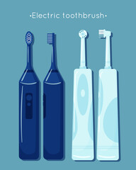 Vector set of toothbrush hygiene icons. The type of toothbrushes is ultrasonic and electric. Front and side views. Dental concept.