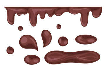 Liquid chocolate texture with splash isolated on white background. Dripping melting dark choco drops vector illustration. Decoration for cafe, menu, print. Easy to edit hand drawn cute cartoon design.